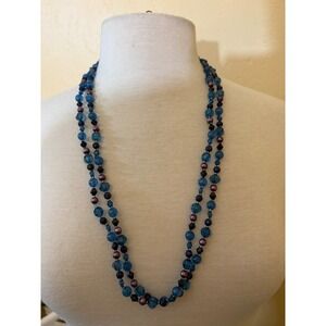 Vintage Blue Teal Beaded Strand‎ Necklace Faceted Glass Copper Faux Pearl 52in